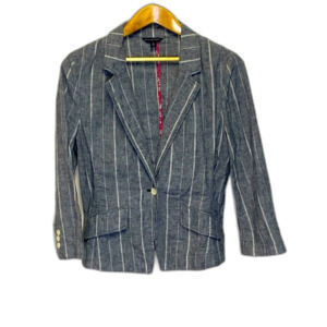 American Eagle NWOT Blue White Striped Linen Blend 3/4 Sleeve Blazer Size L
